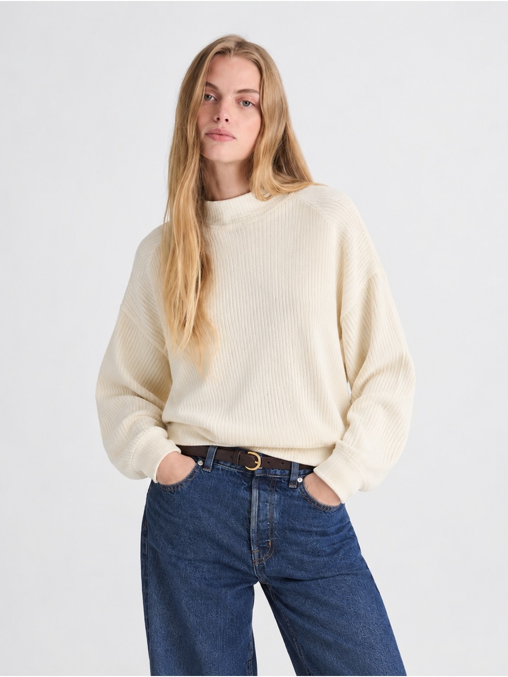 Madewell Cream Ribbed Mock Neck Pullover Sweatshirt Size Medium